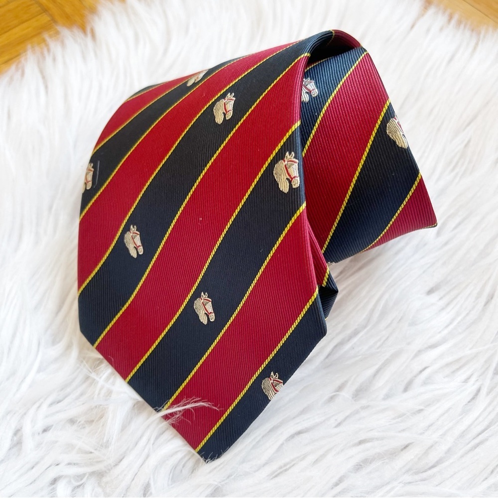 YSL Equestrian Ripped Embroidered Red‎ and Blue Tie